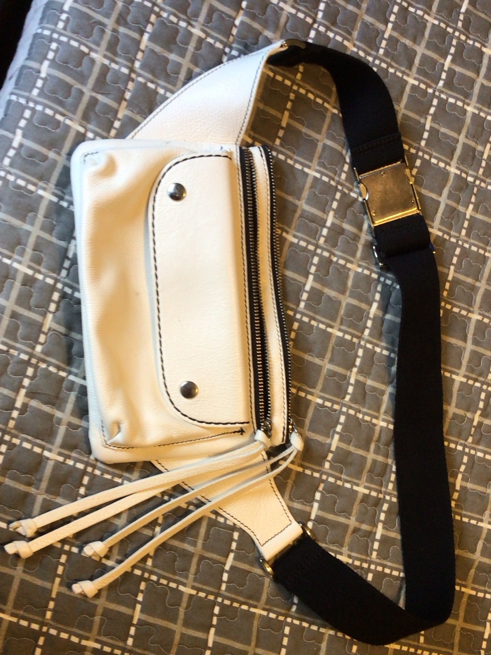 Roots White Leather Crossbody Belt Bag with Black Strap